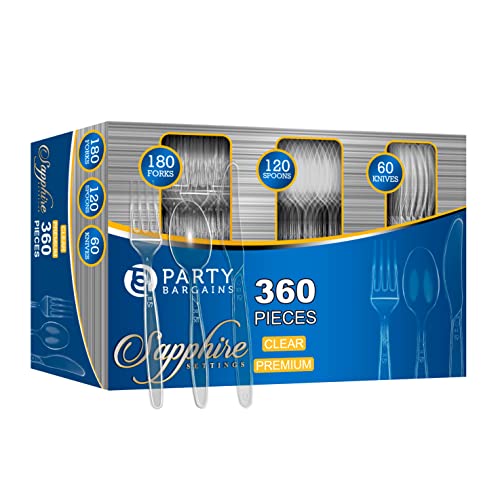 Party Bargains Disposable Cutlery set, SAPPHIRE Design, Clear Color, 360 Pieces: 180 Forks, 120 Spoons, 60 Knives