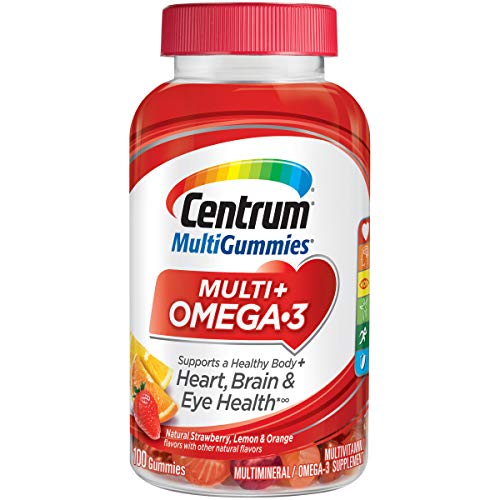 Centrum MultiGummies Omega 3 Gummy Multivitamin for Adults, Multivitamin/Multimineral Supplement, Strawberry/Lemon/Orange Flavors - 100 Count