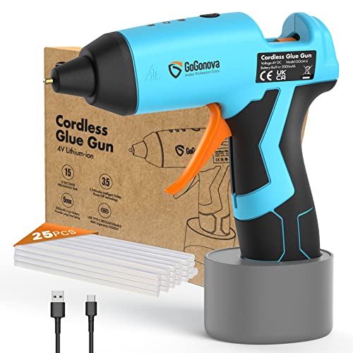 GoGonova Cordless Hot Glue Gun, 15s Fast Preheating with 5Ah Built-in Battery Hot Melt Glue Gun, Smart Power-Off, Kit with 25 Pcs Premium Mini Glue Sticks and USB-C Charging Port