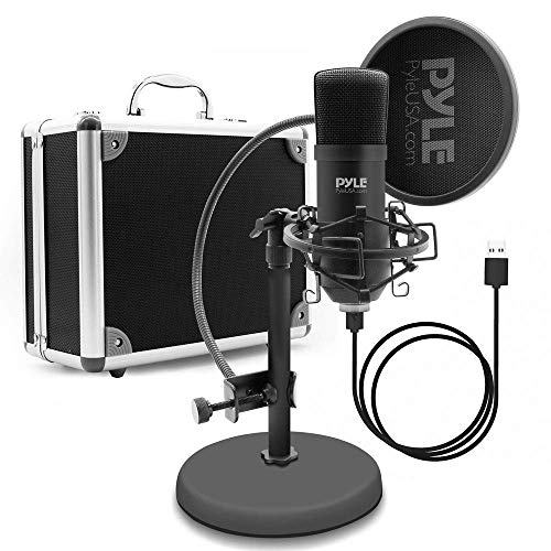 Pyle USB Microphone Podcast Recording Kit - Audio Cardioid Condenser Mic w/ Desktop Stand and Pop Filter - For Gaming PS4, Streaming, Podcasting, Studio, Youtube, Works w/ Windows Mac PC - PDMIKT100