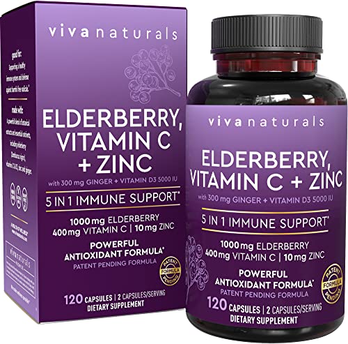 Viva Naturals Sambucus Elderberry with Vitamin C, Zinc, Vitamin D3 5000 IU & Ginger (120 Capsules) - Antioxidant & Immune Support Supplement, 2 Month Supply - 5 in 1 Black Elderberry for Adults