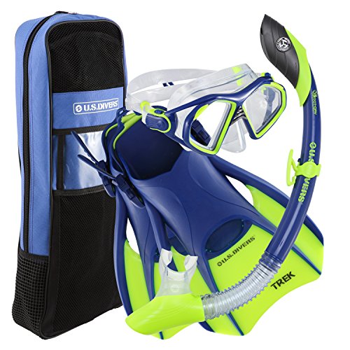 U.S. Divers Admiral Premium Snorkeling Set - Silicone Mask, Trek Travel Fins, Dry Top Snorkel + Snorkeling Gear Bag, Neon Blue, Small (Men (4-7), Women (5.5-8.5))