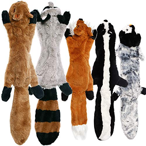 CNMGBB No Stuffing Dog Toys with Squeakers, Durable Stuffingless Plush Squeaky Dog Chew Toy Set,Crinkle Dog Toy for Medium and Large Dogs, 5 Pack（Squirrel Raccoon Fox Skunk and Penguin）, 24Inch