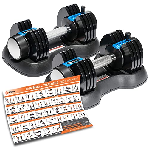 LifePro Adjustable Dumbbell Set Pair, 5-in-1 Adjustable Free Weights Plates and Rack - Hand Weights for Women and Men - Dumbbells Set with (25 - 50 Pounds Double)