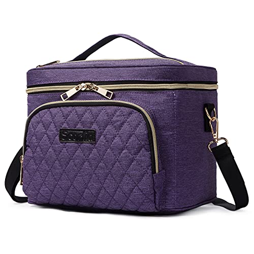 Travel Makeup Bag for Women, Scorila Large Cosmetic Case Organizer Fits Bottles Vertically, Toiletry Bag with Adjustable Dividers and Brush Holder, Portable Storage Bag with Strap for Girls, Purple