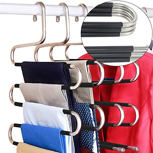 DOIOWN Clothes Hangers 5 Pieces Non Slip Space Saving Stainless Steel Closet Organizer for Pants Jeans Scarf(Upgrade Style)