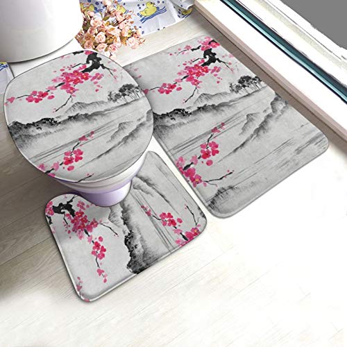 Bathroom Rugs And Mats Sets 3 Piece Japanese Oil Painting Cherry Blossom Sakura Flower Bath Mat Rug Non Slip Washable Toilet Seat Cover Rugs U Shaped Bathmats Carpets Contour Floor Mats for Bathroom