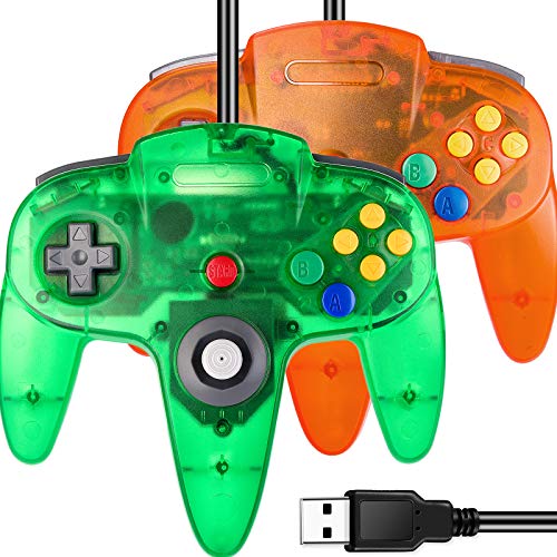 2 Pack USB N64 Controller, iNNEXT N64 Wired PC Gamepad Joystick for Windows PC MAC Linux Raspberry Pi Genesis Higan Project 64 Retropie OpenEmu Emulator (Plug & Play) (Green+Orange)