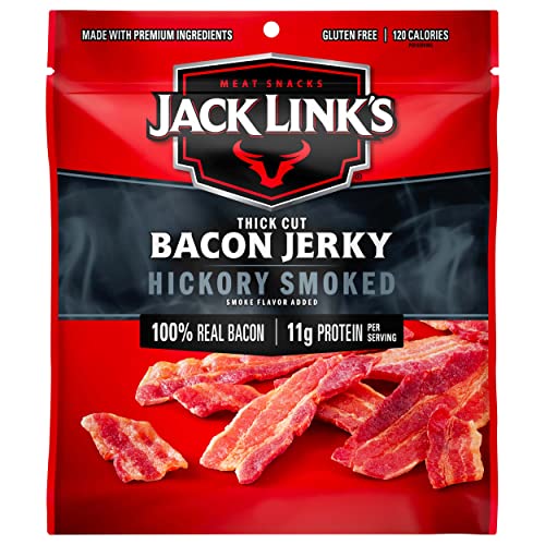 Jack Link's Bacon Jerky, Hickory Smoked, 2.5 oz. Bag - Flavorful Ready to Eat Meat Snack with 11g of Protein, Made with 100% Thick Cut, Real Bacon - Trans Fat Free (Packaging May Vary)