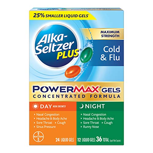 Alka-Seltzer Plus Power Max Cold & Flu Day+Night Medicine: Cough Suppressant, Cold and Flu Medicine For Adults and Children 12 Years and Older, 36 Count, Packaging May Vary