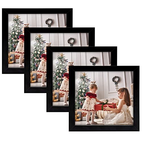 Golden State Art, 8x8 Black Picture Frame Made of Solid Wood Real Glass, Black Square Wood Photo Frame Display For 4x4 Picture (With White Mat) (Opening 3.5x3.5) -Wall Mounting-Set of 4