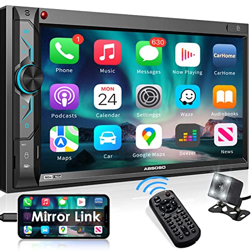 ABSOSO in-Dash Digital Media Car Stereo - Double Din 7 Inch HD Touchscreen Car Radio - Bluetooth Audio Hands-Free Calling PhoneLink Backup Camera USB SD Aux-in AM FM Radio Wireless Remote Control