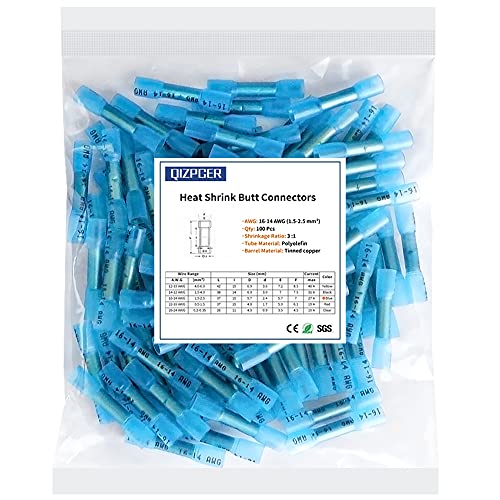 100 Pcs Blue Heat Shrink Butt Connectors, 16-14 AWG Waterproof Electrical Crimp Wire Splice for Marine, Cable, Wiring