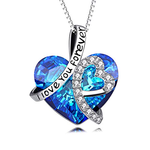 AOBOCO I Love You Forever Necklace Sterling Silver Blue Heart Crystal Christmas Jewelry Gifts for Women Anniversary Birthday Gifts for Wife Daughter