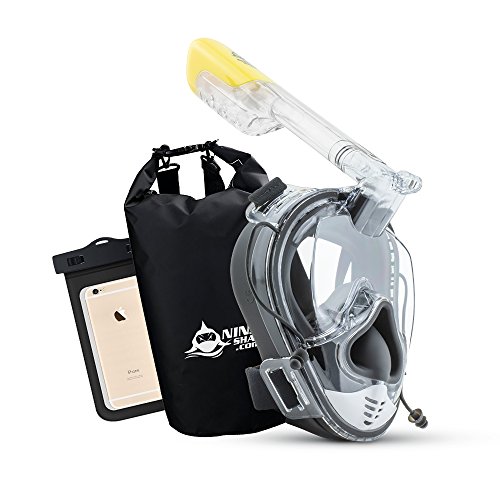 Ninja Shark Snorkel Mask Full Face Set - Upgraded Unique face Feature - Adjustable Head Straps - Anti-Fog & Anti-Leak - 180 Degrees Panoramic View - Detachable Camera Mount - Designed by Divers