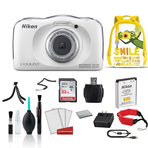 Nikon COOLPIX W100 Waterproof Rugged Digital Camera White Kid- Friendly - Bundle with Yellow Backpack + 32GB Sandisk Memory Card + More