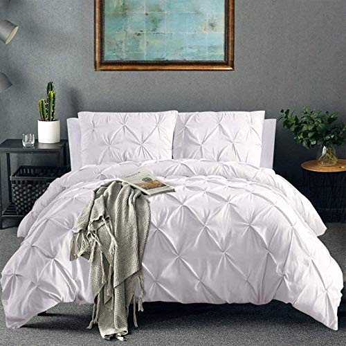 Vailge 3 Piece Pinch Pleated Duvet Cover with Zipper Closure, 100% 120gsm Microfiber Pintuck Duvet Cover, Luxurious Pintuck Decorative(White, Queen)
