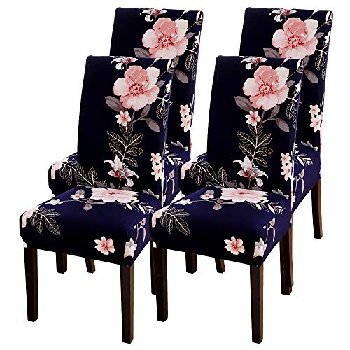 SearchI Dining Room Chair Covers Slipcovers Set of 4, Spandex Super Fit Stretch Removable Washable Kitchen Parsons Chair Covers Protector for Dining Room,Hotel,Ceremony, Navy+Flowers