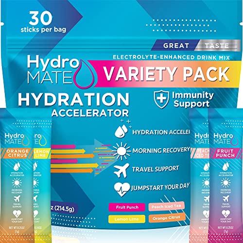 NatureWorks HydroMATE Electrolytes Powder Drink Mix Packets Hydration Accelerator Low Sugar Rapid Party Recovery Plus Vitamin C Variety Pack 30 Count