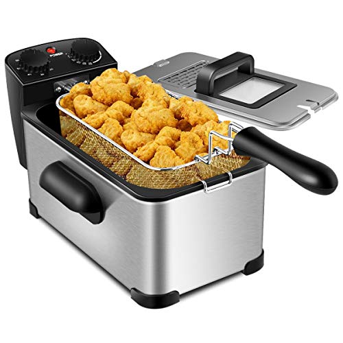 COSTWAY Deep Fryer with Basket, 3.2Qt Stainless Steel Electric Oil Fryer w/Adjustable Temperature, Timer, Lid with View Window, Professional Style, Deep Fryer Pot for Home Use, French Fries, Chicken