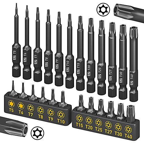 Torx Bit Set, Amartisan 24-Piece Security Torx Bit Set, Tamper Resistant Star Bits Set S2 Steel, 1' and 2.3' Long T5 - T40