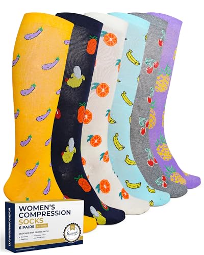 Pembrook Light Compression Socks for Women - 6 Pairs | 8-15 mmHg Cotton Compression Socks Women | Fruit Prints | Soft Compression Socks Women for Circulation and Soreness Support