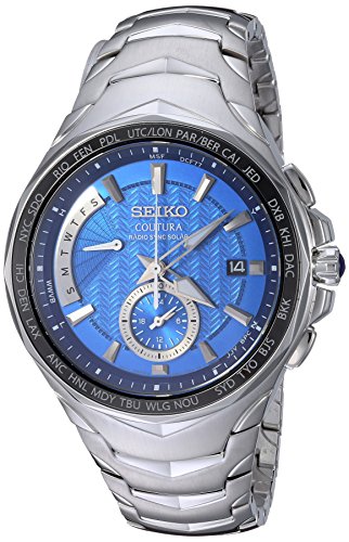 SEIKO SSG019 Watch for Men - Coutura Collection - Solar Powered, Radio Sync Dual Time, World Time Function, Stainless Steel Case & Bracelet, and Water-Resistant to 100m