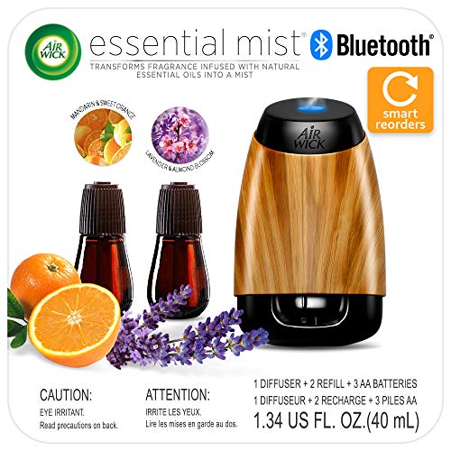 Air Wick Essential Mist Bluetooth Starter Kit, Essential Oil Diffuser (Diffuser + 2 Refills), Air Freshener, Lavender & Almond Blossom and Mandarin & Sweet Orange scents