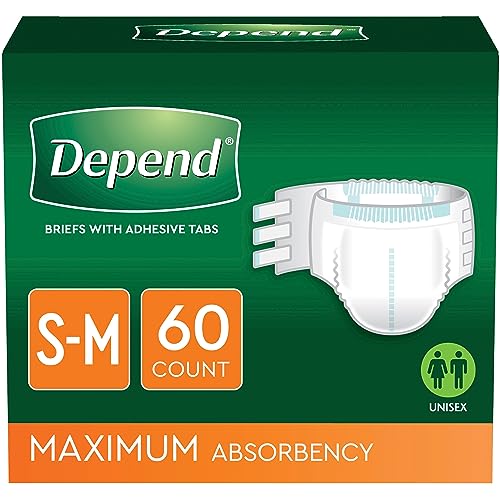 Depend Incontinence Protection with Tabs, Unisex, Small/Medium (19–34' Waist, Up To 170 lbs), Maximum Absorbency, 60 Count (3 Packs of 20)