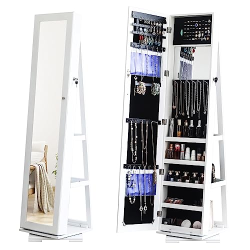 Bonnlo Jewelry Armoire with 360 Rotation Base, 57 x 10 inch Mirror, Freestanding, Cosmetic Storage
