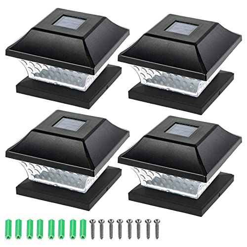 SUNWIND Solar Post Cap Lights Outdoor- 4 Pack LED Fence Post Lights for 4X4 5X5 Wooden Posts Warm White Waterproof for Deck, Patio or Garden Decoration (Black)
