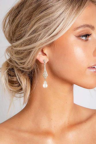Frankie Fashions Vintage Pearl Dangle Earrings Pearl Wedding Earrings for Brides Bridesmaids Mother of the Bride w/Stunning Pearls and Cubic Zirconia