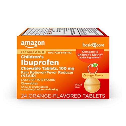 Amazon Basic Care Children's Ibuprofen Chewable Tablets, 100 mg, Pain Reliever and Fever Reducer, Orange Flavor, For Aches, Pains, Sore Throat, Toothache and Headache Relief, 24 Count