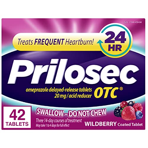 Prilosec OTC, Omeprazole Delayed Release 20mg, Acid Reducer, Treats Frequent Heartburn for 24 Hour Relief, All Day, All Night*, Wildberry Flavor, 20mg, 42 Tablets