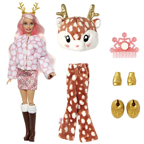 Barbie Doll Cutie Reveal Deer Plush Snowflake Sparkle Doll with 10 Surprises Pet, Color Change and Accessories Toys and Gifts for Kids (Pack of 1)