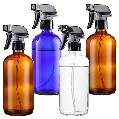 Empty Glass Spray Bottles 16oz for Cleaning, Plants, Pets, Essential Oils, Air Freshener, Durable Black Trigger Sprayer with Stream and Mist Settings (Amber, 16oz(Pack of 4))