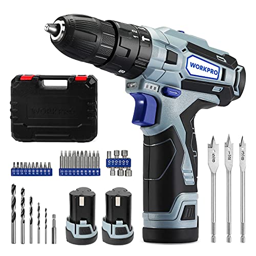 WORKPRO 12V Cordless Drill Driver Kit, 2-Speed, 2 Li-Ion Batteries 2000 mAh, Fast Charger, 3/8'' Clutch, 18+3 Torque Setting, 34 pcs Drill/Driver Bits Included