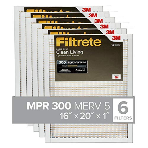 Filtrete 16x20x1 Air Filter MPR 300 MERV 5, Clean Living Basic Dust, 6-Pack (exact dimensions 15.69 x 19.69 x 0.81)