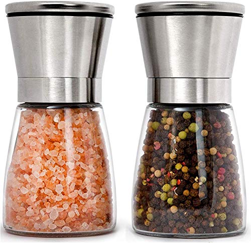 HOME EC Premium Stainless Steel Sea Salt and Pepper Grinder Set of 2 - Adjustable Ceramic, Glass Salt and Pepper Shakers - Pepper Mill & Salt Mill W/Funnel & EBook