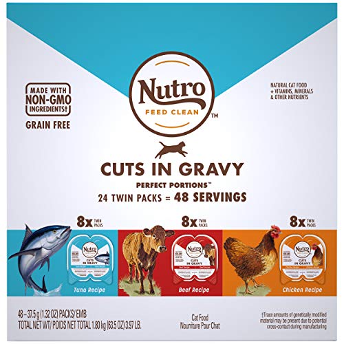 NUTRO Grain Free Natural Wet Cat Food Cuts in Gravy Beef Recipe, Tuna Recipe, and Chicken Recipe Variety Pack, (24) 2.64 oz. PERFECT PORTIONS Twin-Pack Trays