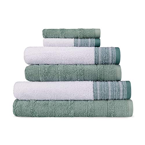 TURQVUAZ Quick-Dry, Luxury 6 Pieces Absorbent Jacquard Towel Set, 2 Bath Towels, 2 Hand Towels, and 2 Washcloths, 600 GSM 100% Cotton, The VQCarelGaren White/Spa Blue