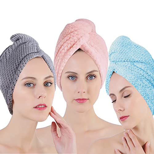 HAPPyOU Microfiber Hair Towel Wrap for Women,Quick Dry Hair Turban,with Double Button Beauty Dry Towel for Curly,Thick,Long Hair,3 Packs 10 inches X 27 inches (Pink, Gray, Blue)