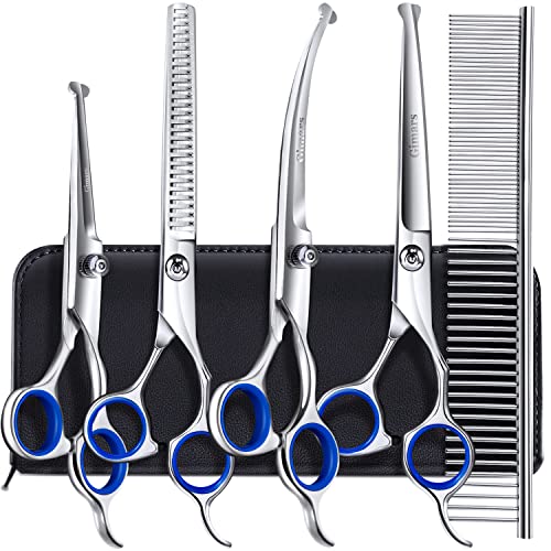 Gimars Professional 4CR Stainless Steel Safety Round Tip 6 in 1 Dog Scissors for Grooming, Heavy Duty Titanium Coated Pet Grooming Scissor for Dogs, Cats and Other Animals