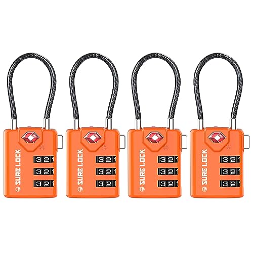 SURE LOCK TSA Compatible Travel Luggage Locks, Inspection Indicator, Easy Read Dials TSA Approved with Zinc Alloy Orange 4 Pack