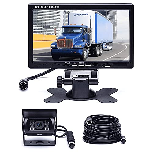 Hikity Backup Camera with Monitor Kit, Waterproof 18 IR LED Night Vision Reverse Camera + 7' Rear View Monitor Vehicle Parking System for RV Bus Trailer Truck (65ft 4-Pin Aviation Video Cable)