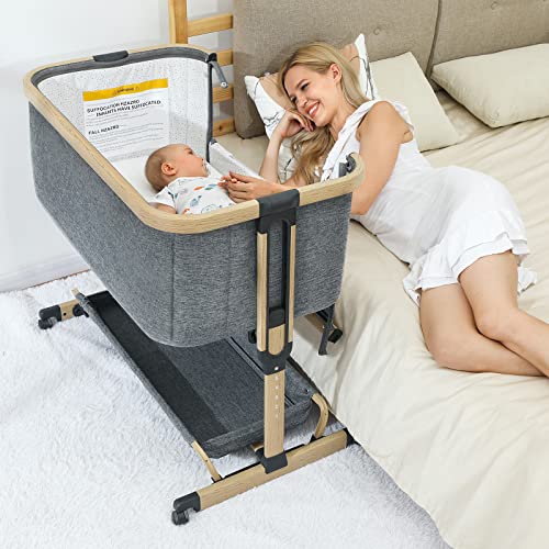 AMKE 3 in 1 Baby Bassinets,Bedside Sleeper for Baby,Baby Cradle with Storage Basket, Easy to Assemble Bassinet for Newborn/Infant, Adjustable Bedside Crib