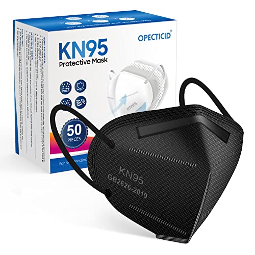 OPECTICID KN95 Face Mask, KN95 Mask 50 Pack Black, Cup Masks Breathable 5-Layer Filter Efficiency≥95% Disposable Certified KN95 Respirator Masks