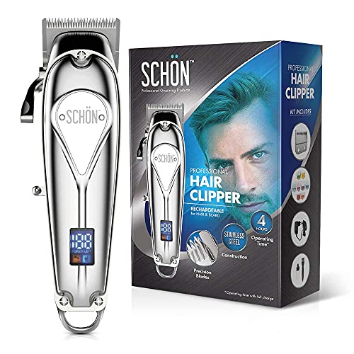 Schon Cordless Rechargeable Hair Clipper and Trimmer for Men, Women, Children - Solid Stainless Steel Electric Buzzer with Precision Blades, Hair Cutting Kit with 8 Color-Coded Guide Combs