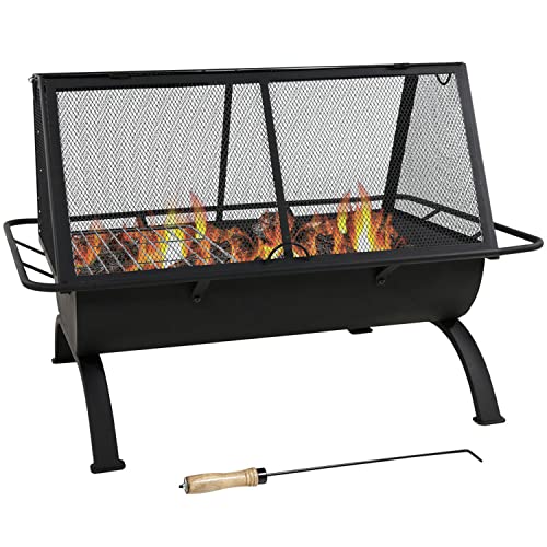 Sunnydaze 36-Inch Northland Outdoor Rectangular Fire Pit with Cooking Grill, Poker, and Spark Screen - Black Finish