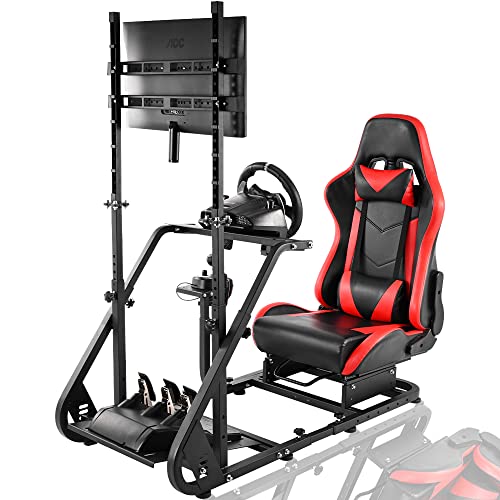 Supllueer Racing Simulator Cockpit Stand with Monitor Mount Racing Wheel Stand with Red Seat fit for Logitech G25 G27 G29 G920,Thrustmaster,NO Steering Wheel Shift Lever Pedal Display